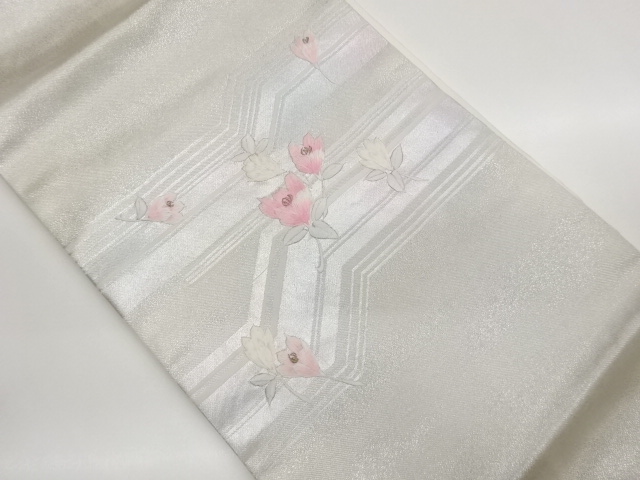 変わり横段に花葉模様織り出し刺繍名古屋帯